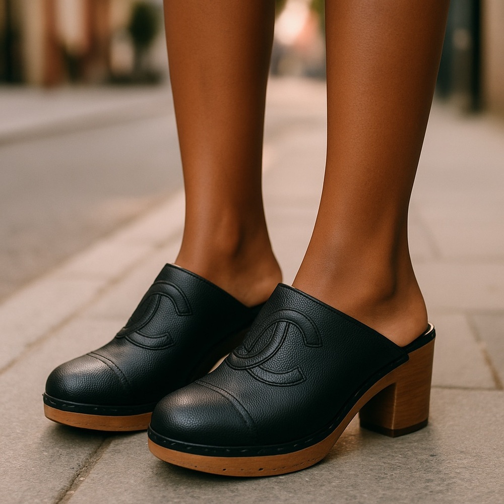 CHANEL Black Leather Clog Mules with Wood Block Heel